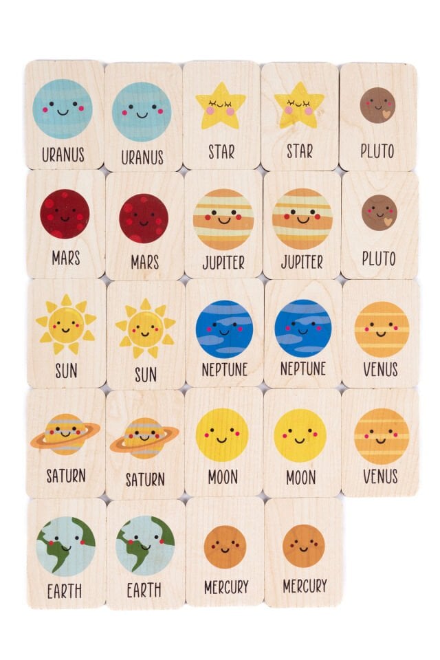Eğlenceli ve Öğretici Ahşap Uzay Temalı Eşleştirme Kartları İngilizce