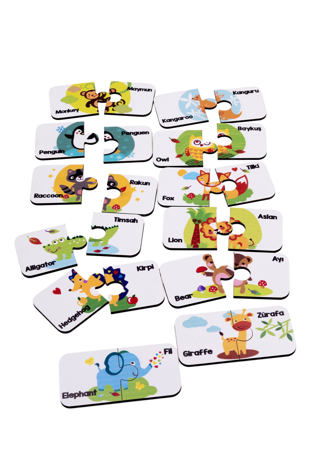 Hayvanlar Alemi Ahşap İkili Puzzle Seti İngilizce Türkçe