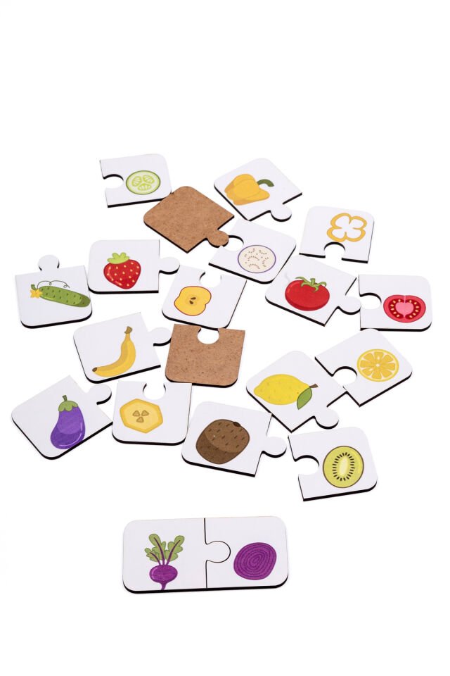 Sebze ve Meyvelerin Dünyası Ahşap İkili Puzzle Seti Çocuklar Anaokulu Ve Kreşler Montessori