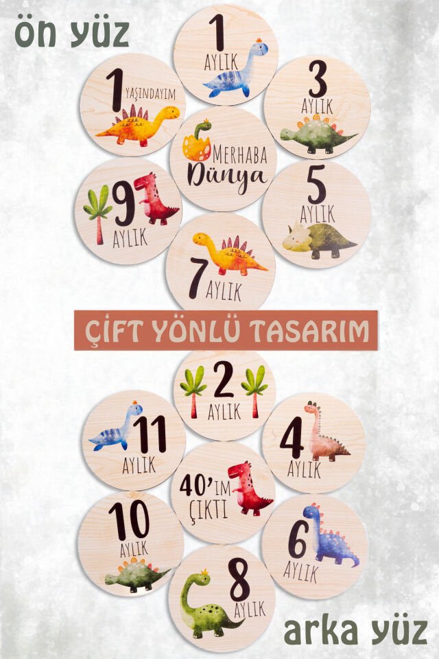 Sevimli Dinozor Temalı Ahşap Bebek Fotoğraf Çekim Anı Diskleri