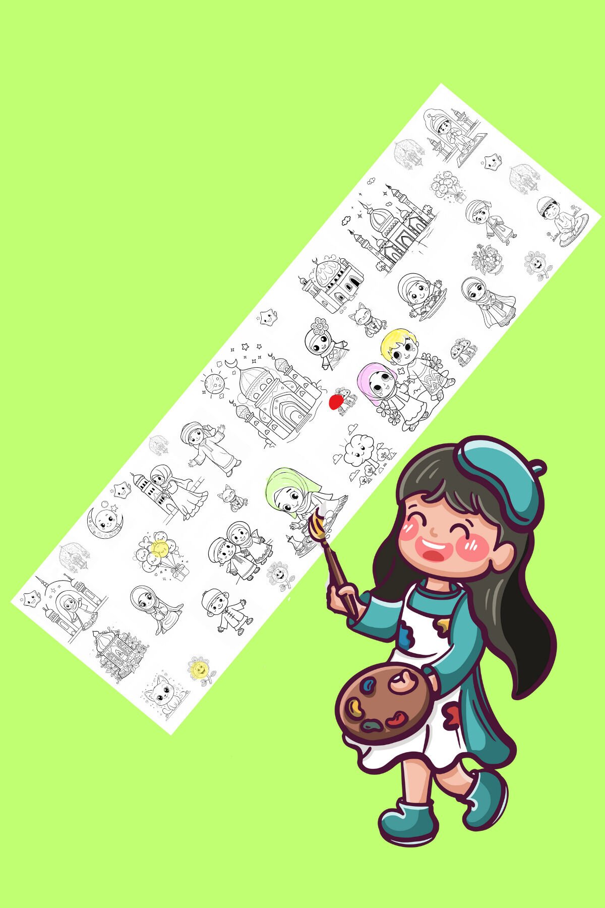 Renkli Keşif , İslami Dini Figürlerle Dolu Boyama Macerası 2 Metre Dev Boy