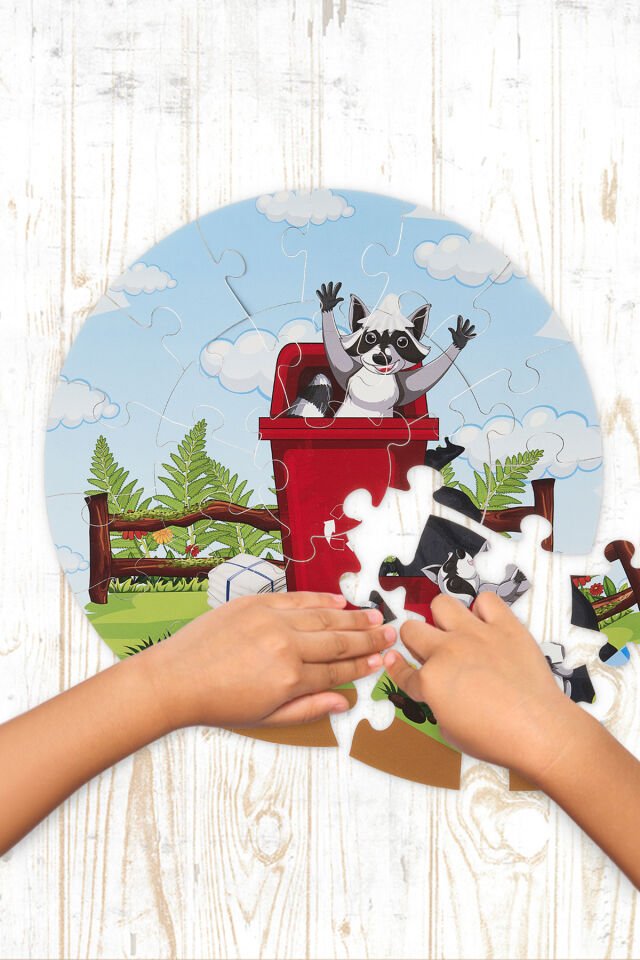 Sevimli Rakun Temalı Ahşap 25 Parça Dev Puzzle 42cm Çapında