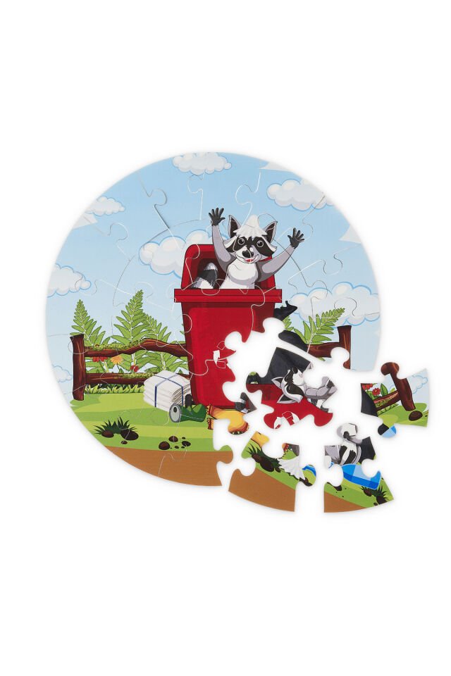 Sevimli Rakun Temalı Ahşap 25 Parça Dev Puzzle 42cm Çapında
