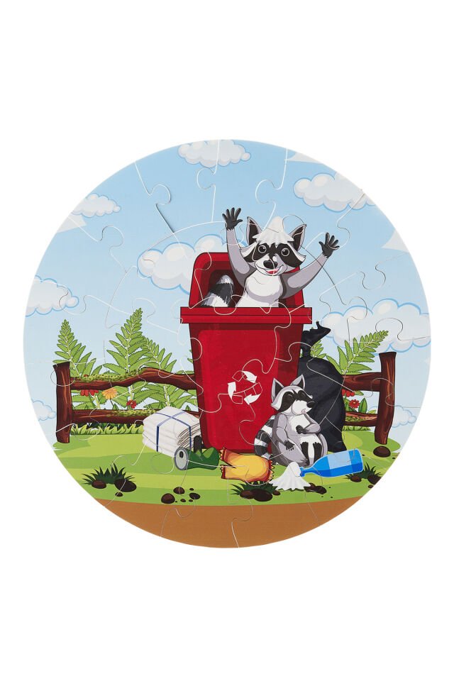 Sevimli Rakun Temalı Ahşap 25 Parça Dev Puzzle 42cm Çapında
