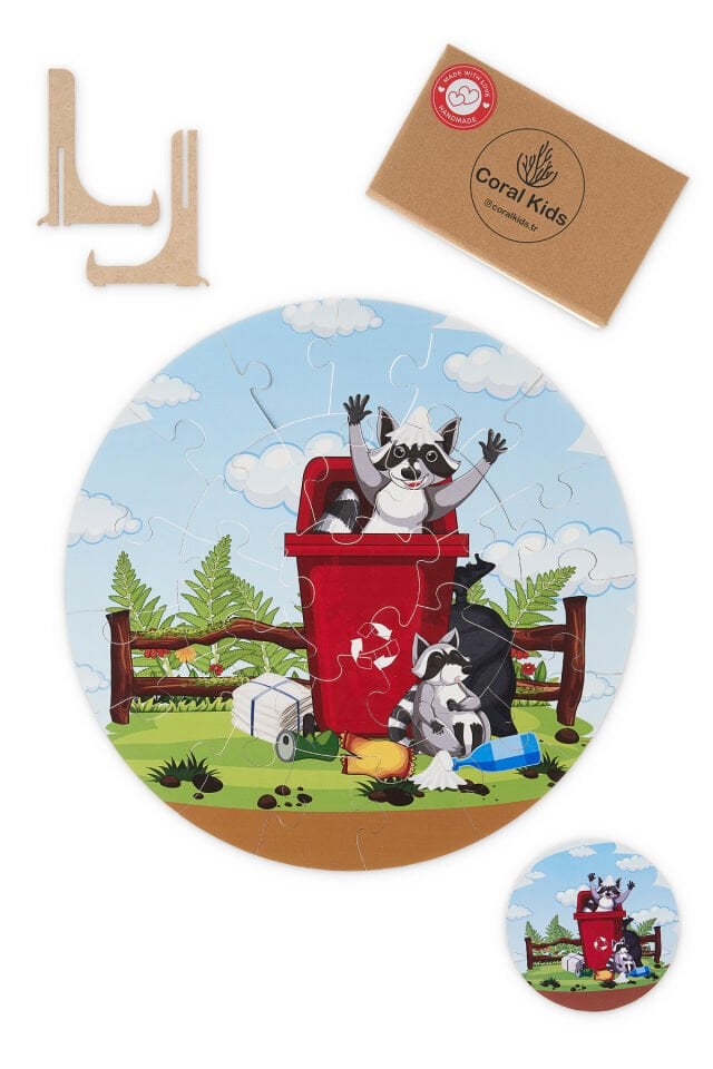Sevimli Rakun Temalı Ahşap 25 Parça Dev Puzzle 42cm Çapında