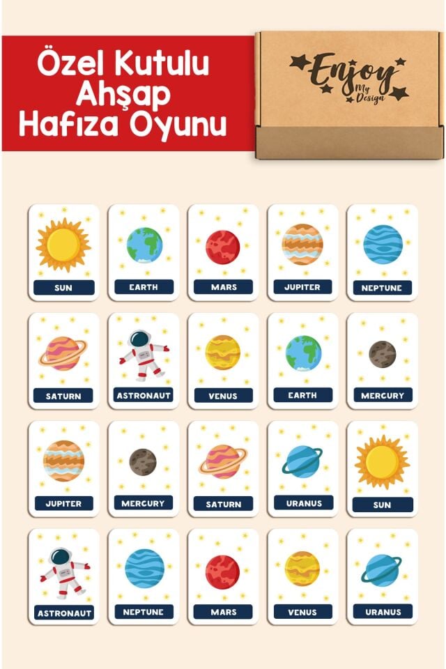 Gezegenler Ahşap Zeka Kartları Uzay Temalı Eşleştirme Oyunu Hafıza Kartı Ahşap Eğitici Oyuncak