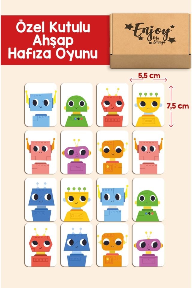 Ahşap Zeka Kartları Sevimli Robotlar Temalı Eşleştirme Oyunu Hafıza Kartı Ahşap Eğitici Oyuncak