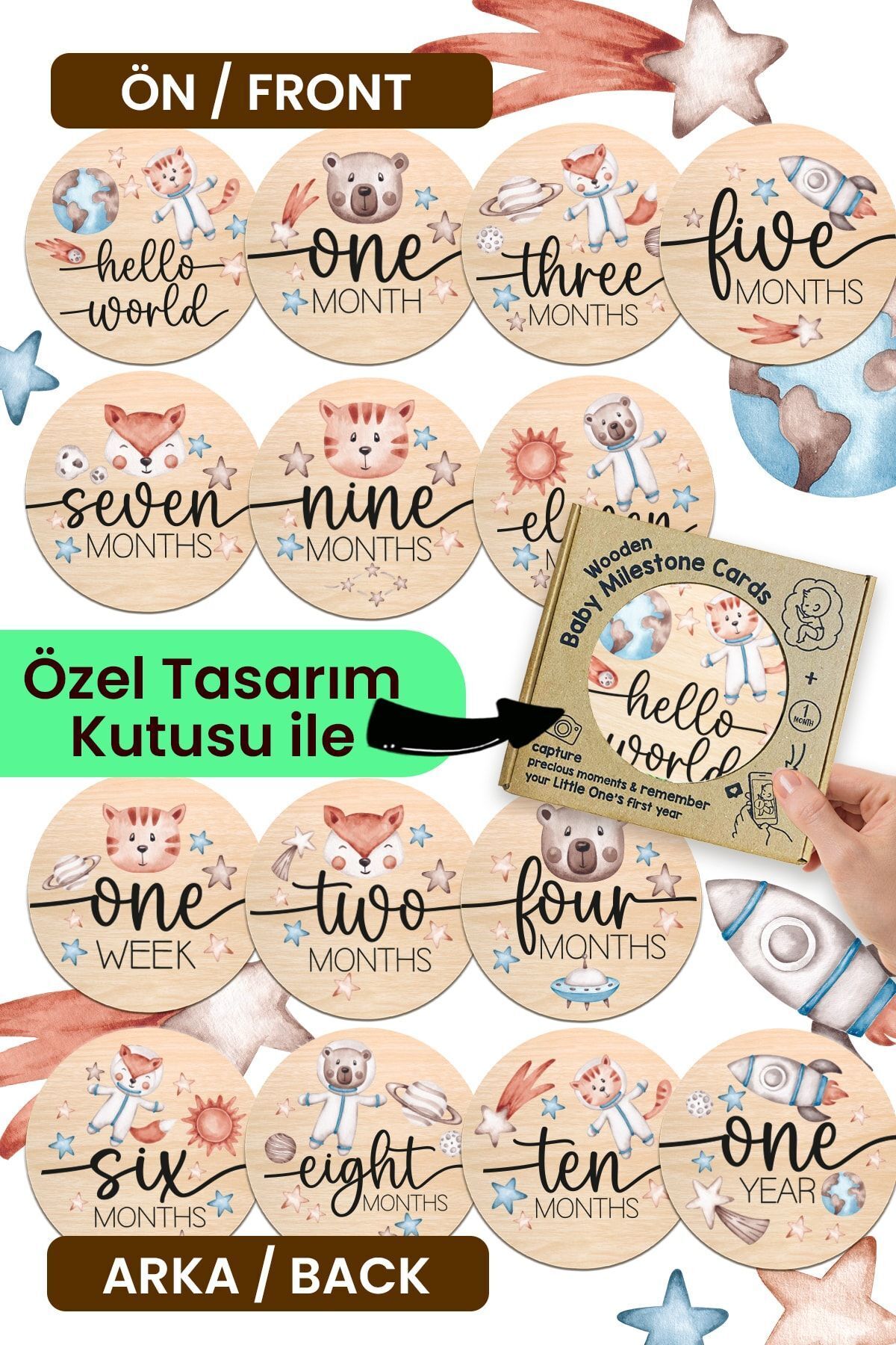 Gezegen Temalı Ahşap Bebek Aylık Fotoğraf Kartları - Baby Milestones - Bebek Hediyesi
