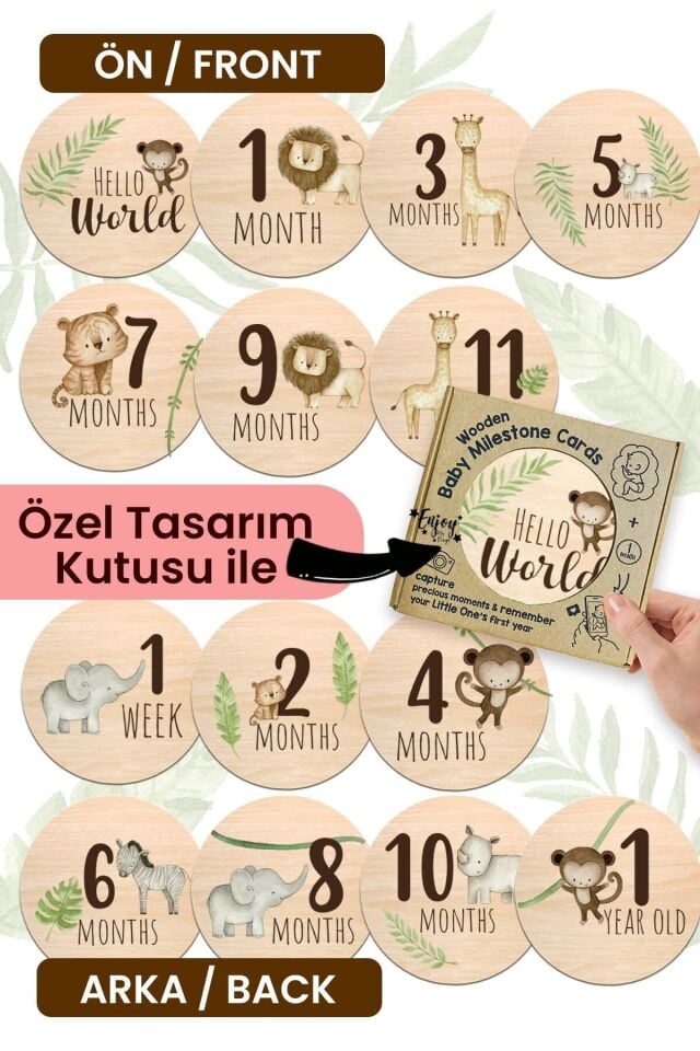 Aylık Bebek Kartları Ingilizce Milestone Cards Safari Hayvanlar Bebek Ay Kartları