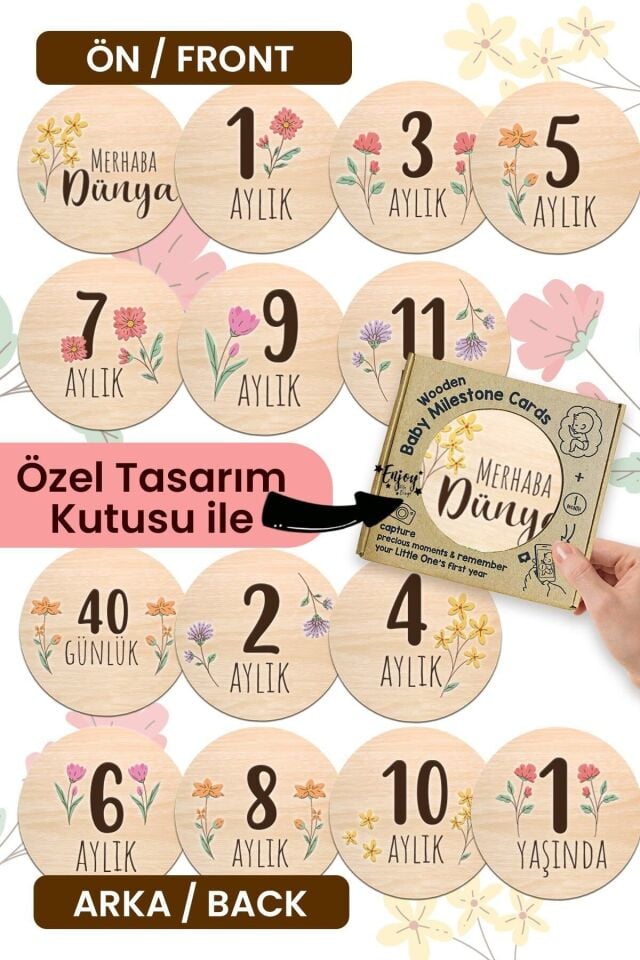 Bebek Anı Kartları Seti Çiçek Desenli Aylık Bebek Hatıra Kartları Renkli Ahşap Hamile Ay Kartları