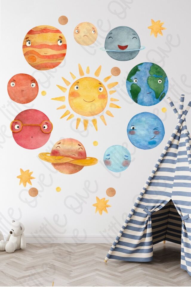 Gezegenler Sevimli Çocuk Odası Uzay Temalı Duvar Sticker Yapışkanlı Dekoratif Sticker Duvar Kağıdı
