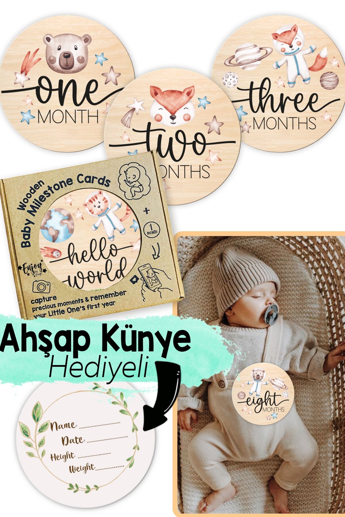 Gezegen Temalı Özel Kutulu Ahşap Ingilizce Aylık Bebek Fotoğraf Kartları - Wooden Baby Milestones
