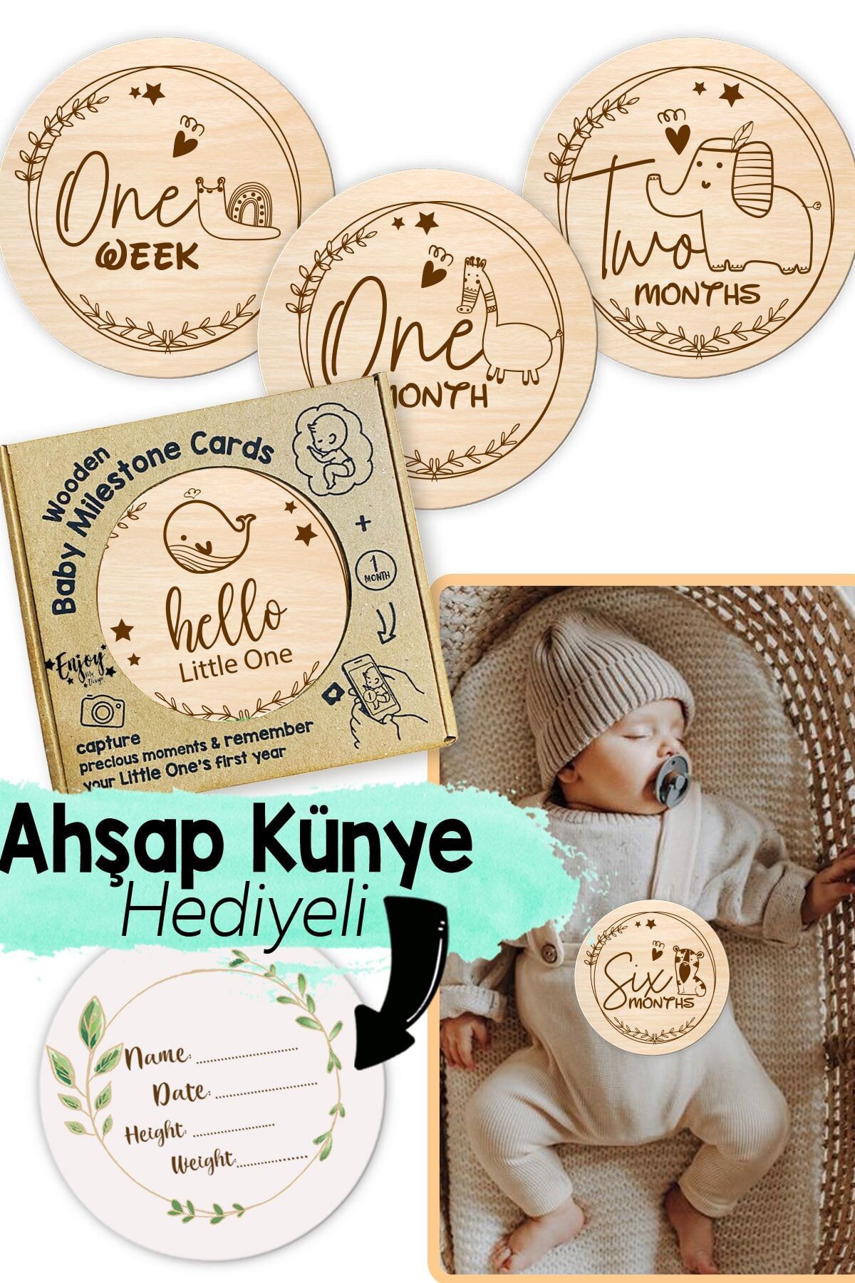 Özel Kutulu Ahşap Ingilizce Aylık Bebek Fotoğraf Kartları Jungle Wooden Baby Milestones