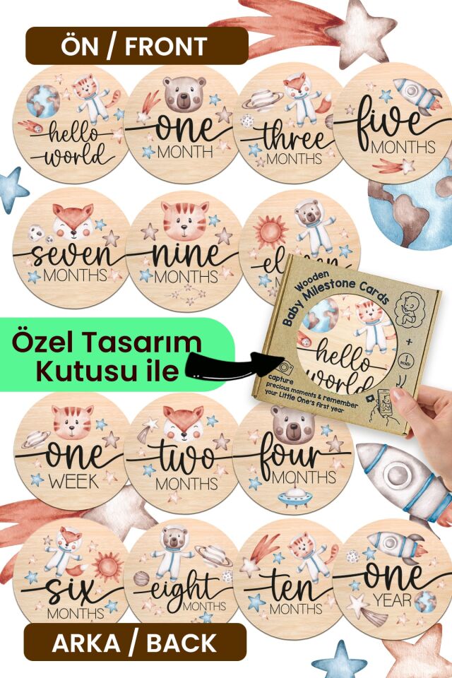 Uzay Temalı Aylık Bebek Kartları Ingilizce Milestone Cards Astronot Hayvanlar Ay Kartları
