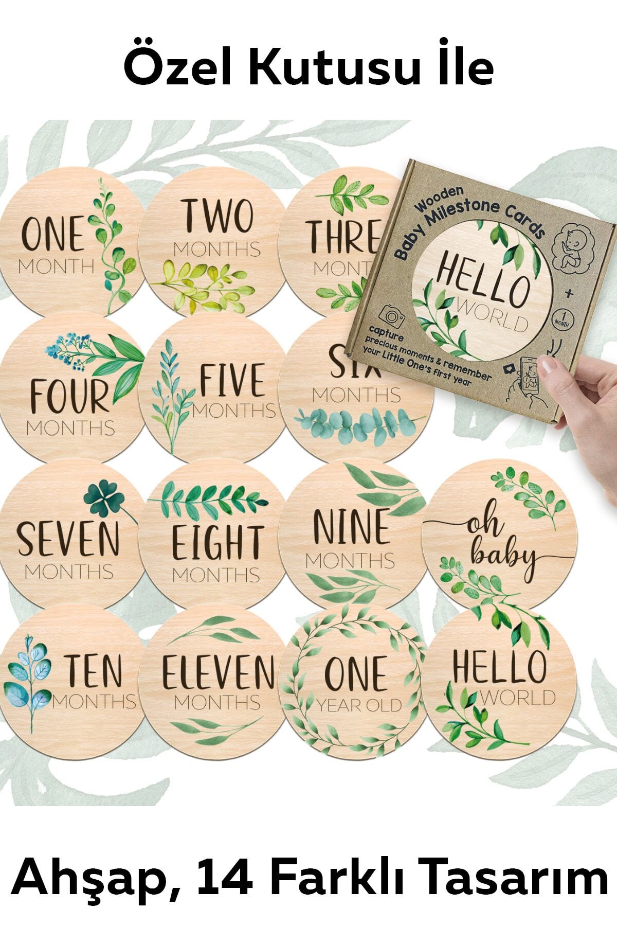Özel Kutusu Ile 14 Farklı Tasarım Ahşap Yenidoğan Bebek Aylık Kartları