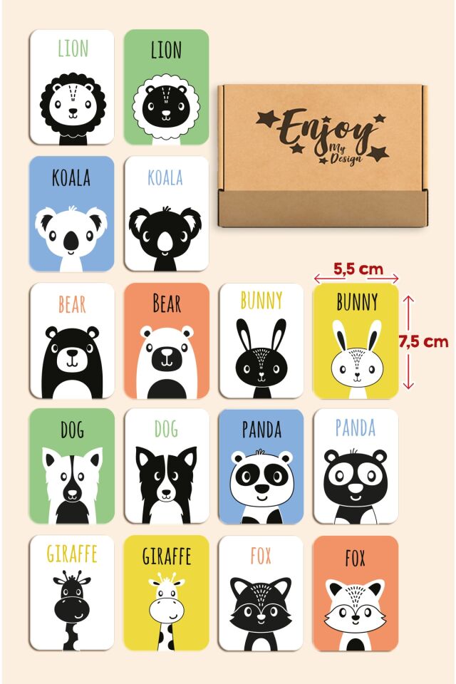 Ahşap Eşleştirme Kartları Hafıza Oyunu Wooden Memory Game Renkli Hayvanlar