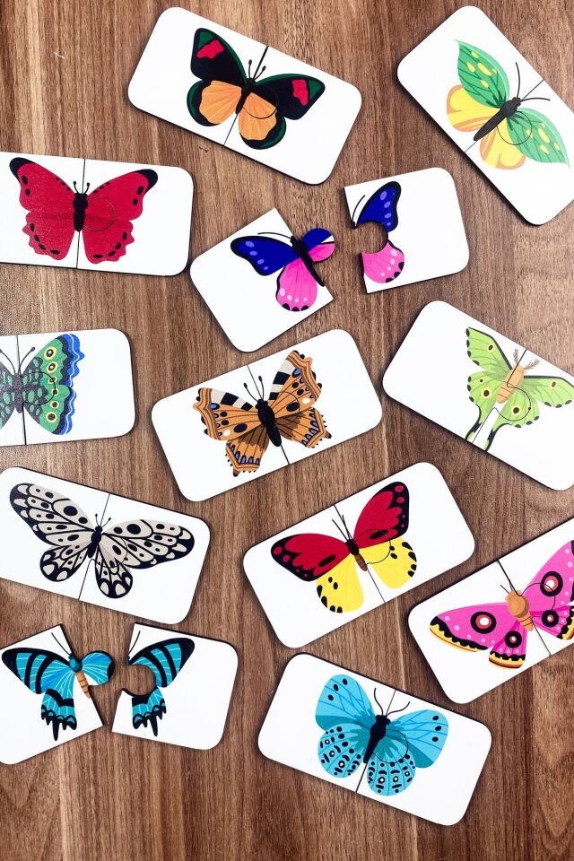 Kelebek Temalı Ahşap Iki Parçalı Eşleştirme Oyunu Okul Öncesi Bebek Eğitici Oyuncak