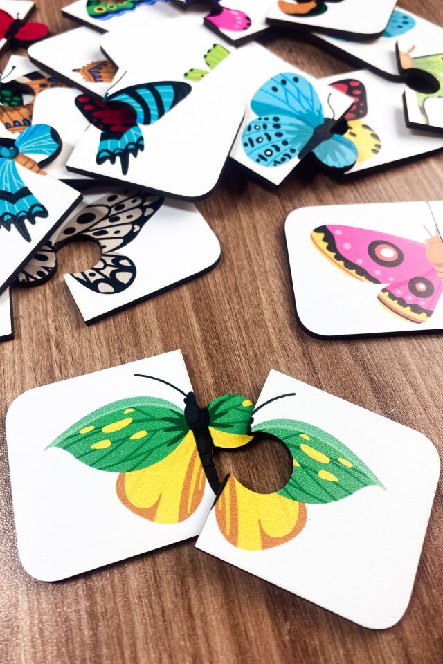 Kelebek Temalı Ahşap Iki Parçalı Eşleştirme Oyunu Okul Öncesi Bebek Eğitici Oyuncak