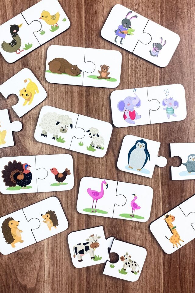 Ahşap Iki Parçalı Eşleştirme Oyunu Yavru Hayvanları Bulma Okul Öncesi Bebek Eğitici Oyuncak