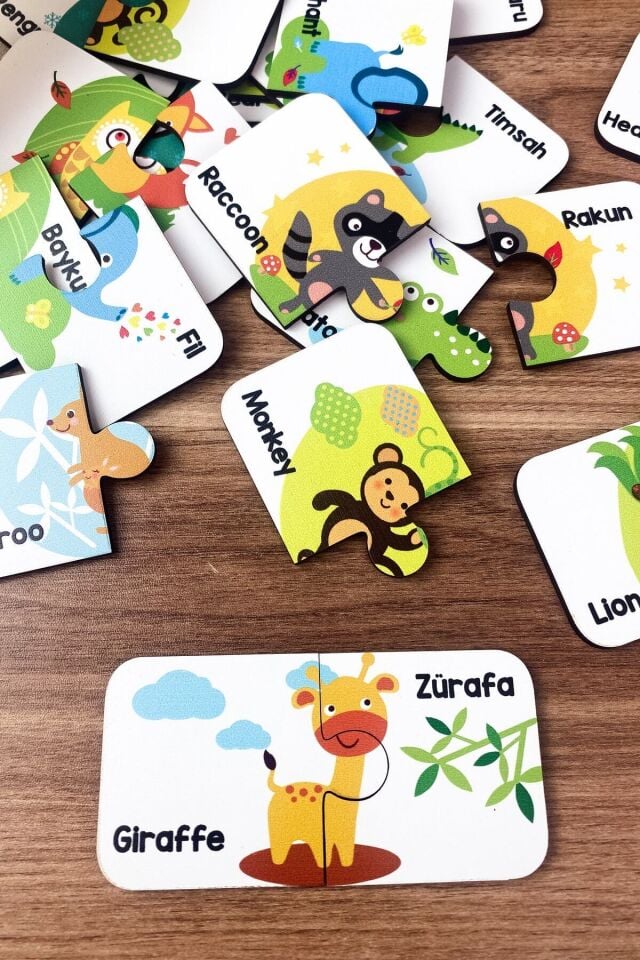 Ahşap Iki Parçalı Eşleştirme Oyunu Türkçe Ingilizce Hayvanlar Okul Öncesi Bebek Eğitici Oyuncak