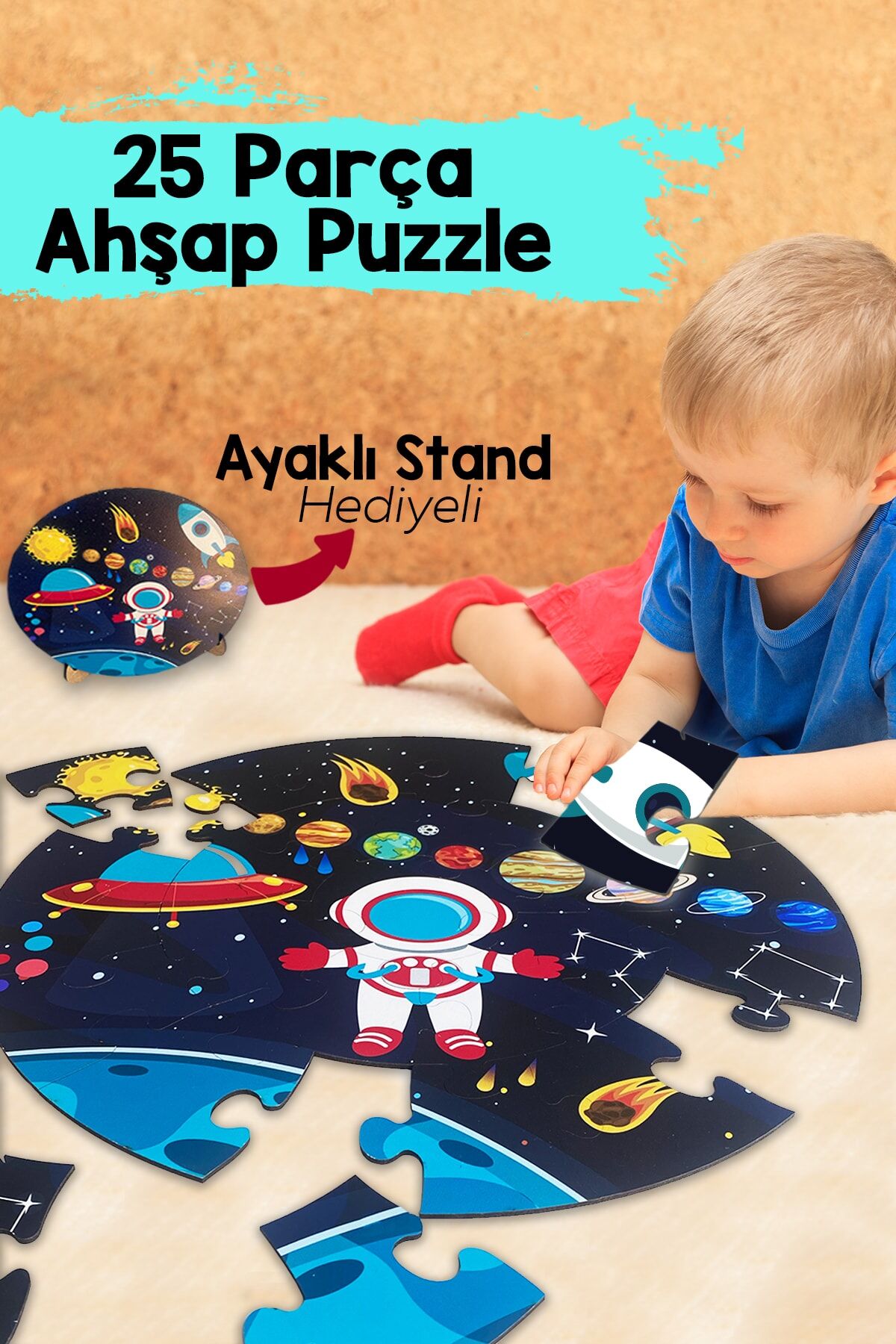 Ahşap Gezegen Puzzle 42cm, Mega Boy Renkli Uzay Bebek, Çocuk Ve Okul Öncesi Için Puzzle