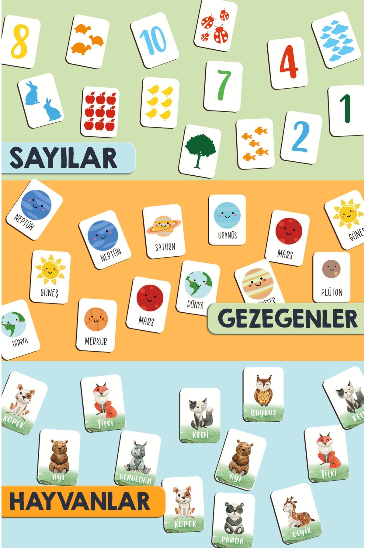 Eğitici Zeka Kartları Eşleştirme Oyunu 3lü Set Gezegenler Hayvanlar Sayılar Ahşap Eğitici Oyun
