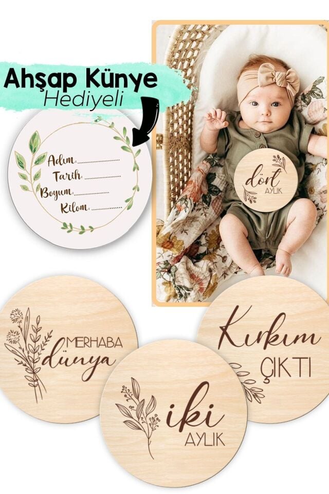 Bebek Fotoğraf Kartları Ahşap Aylık Anı Kartı Seti Yenidoğan Anı Kartları