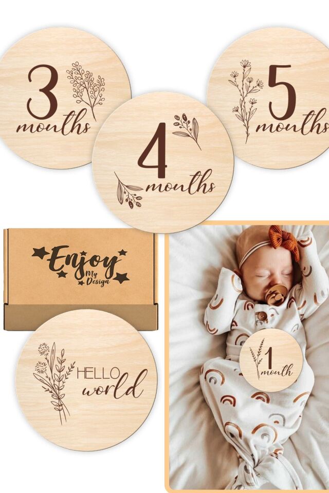 Aylık Bebek Kartları Wooden Milestone Cards İngilizce Bebek Anı Kartı Seti
