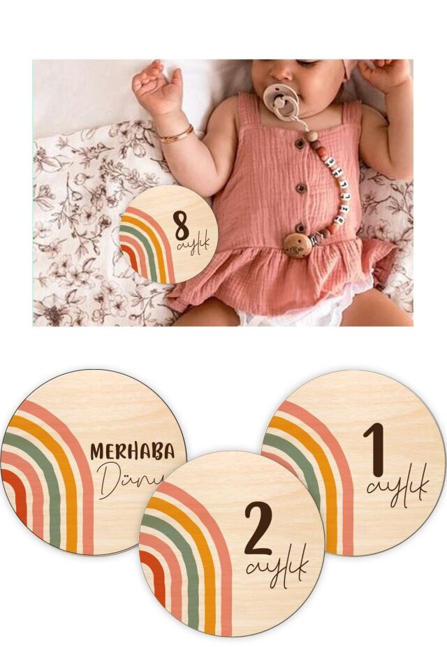 Gökkuşağı Ahşap Bebek Anı Kartı Seti Bebek Hediyelik Hamile Anı Kartı Aylık Bebek Kartları