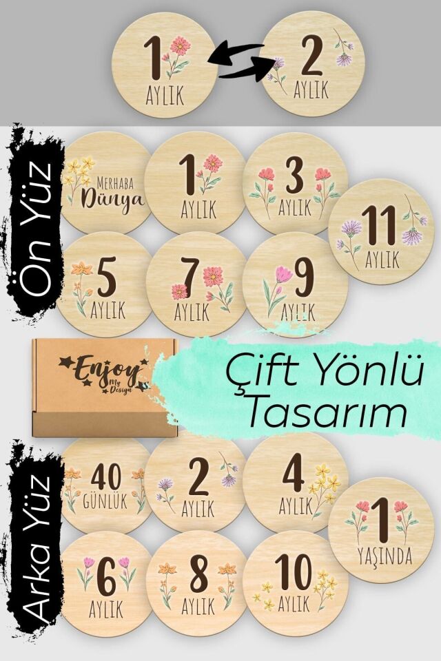 Bebek Anı Kartı Seti Çiçek Desenli Aylık Bebek Hatıra Kartları Renkli Ahşap Hamile Ay Kartları