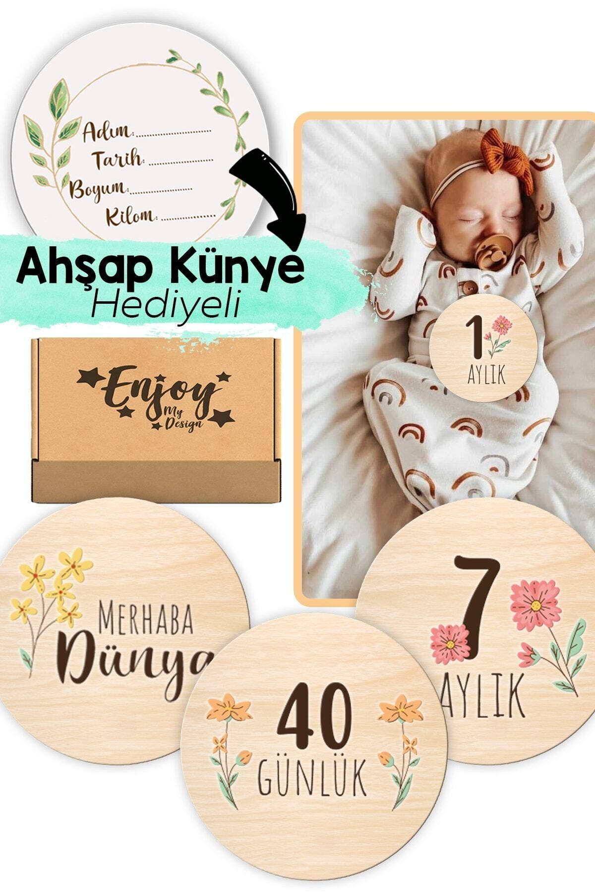 Bebek Anı Kartı Seti Çiçek Desenli Aylık Bebek Hatıra Kartları Renkli Ahşap Hamile Ay Kartları