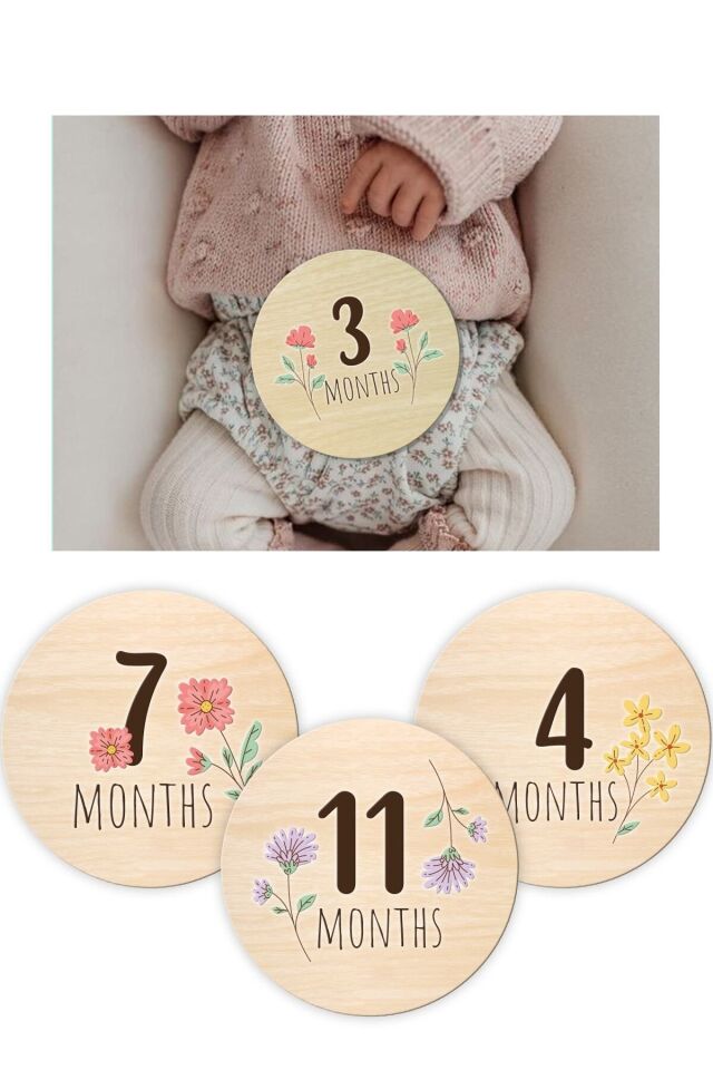 Bebek Anı Kartları Çiçek Desenli Aylık Bebek Hatıra Kartı Seti Ingilizce Ahşap Hamile Ay Kartları