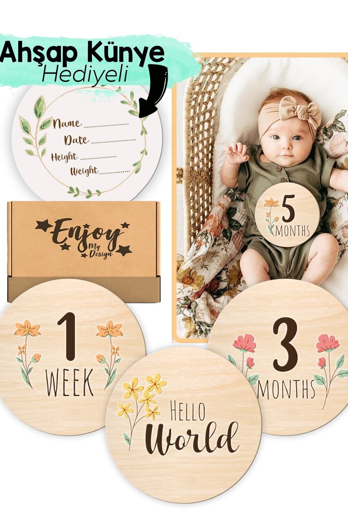 Bebek Anı Kartları Çiçek Desenli Aylık Bebek Hatıra Kartı Seti Ingilizce Ahşap Hamile Ay Kartları