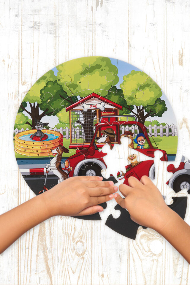 Mega Boy Ahşap Puzzle Sevimli Hayvanlar Arabada 25 Parça 42CM Çapında