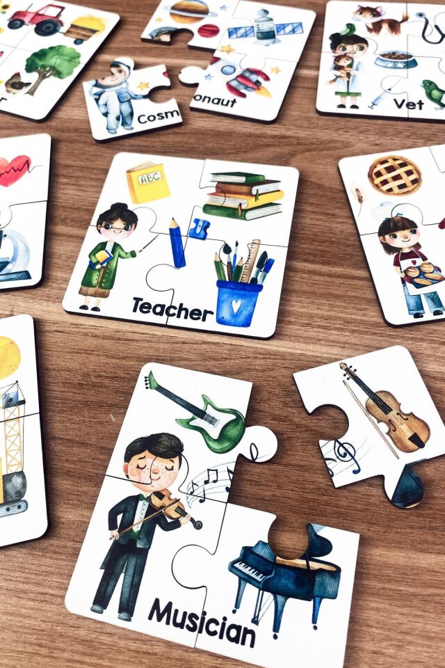 Meslekleri Öğreniyorum Ahşap Üç Parçalı Eşleştirme Oyunu Okul Öncesi Bebek Eğitici Oyuncak