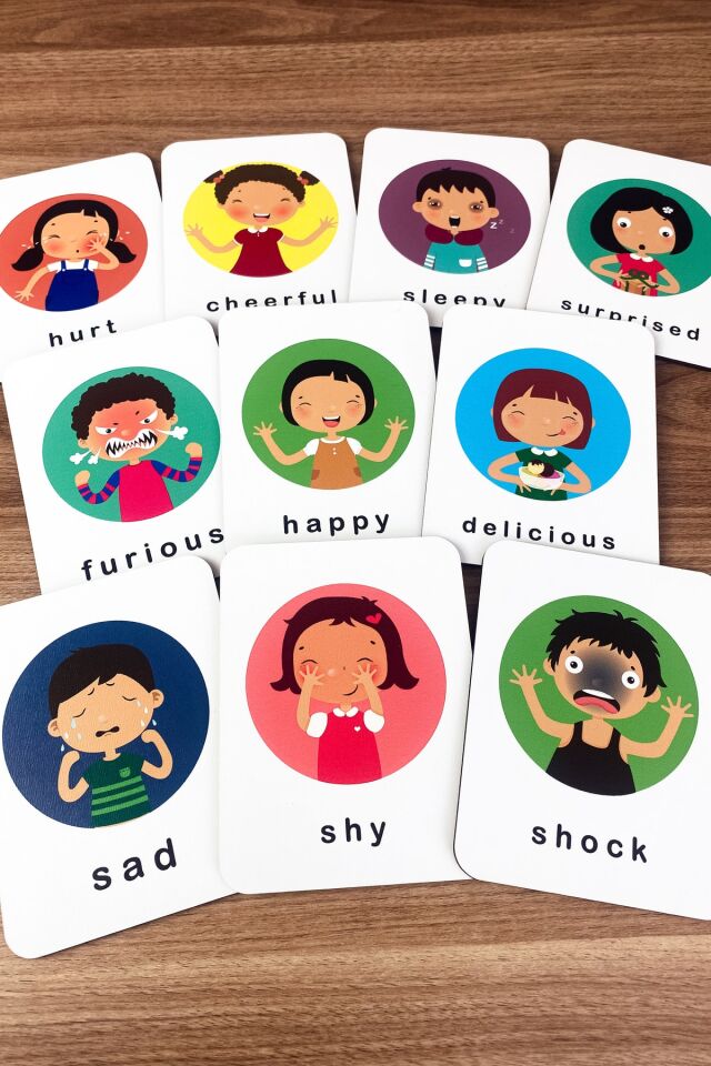 Duygular Öğreniyorum Ingilizce Ahşap Eğitici Kartlar - Duygusal Gelişim Kart Seti Emotions